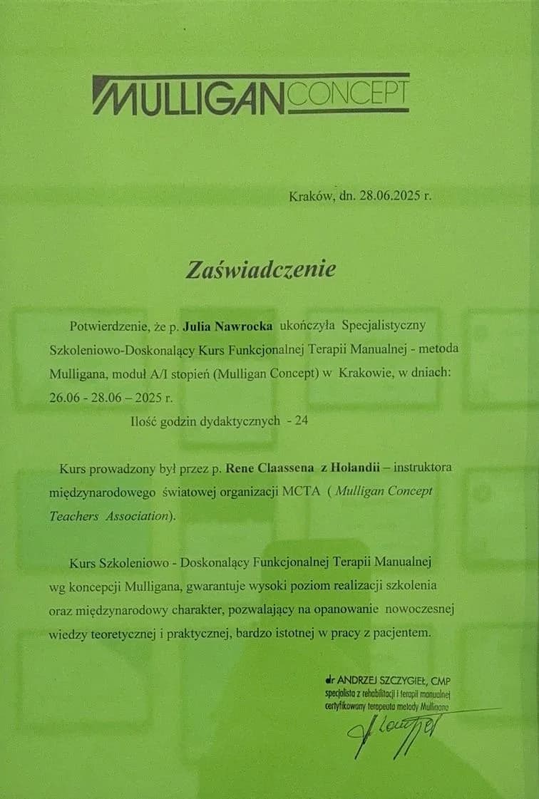 Funkcjonalna Terapia Manualna metodą Mulligana, moduł A/I (2025)
