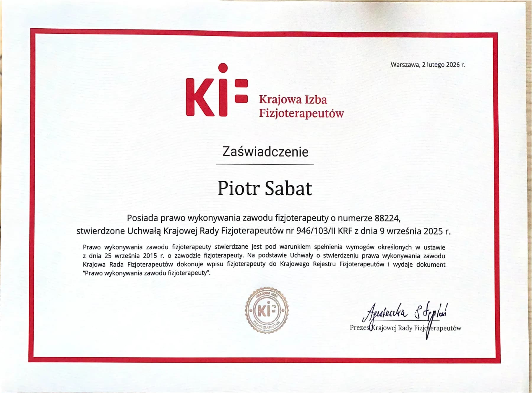 Prawo wykonywania zawodu fizjoterapeuty — Krajowa Izba Fizjoterapeutów